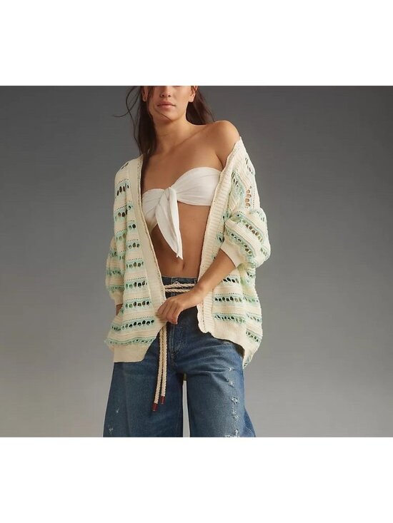 Maeve Sweaters - Maeve Open Front Cocoon Cardigan Sweater Knit Blue White Small Oversized